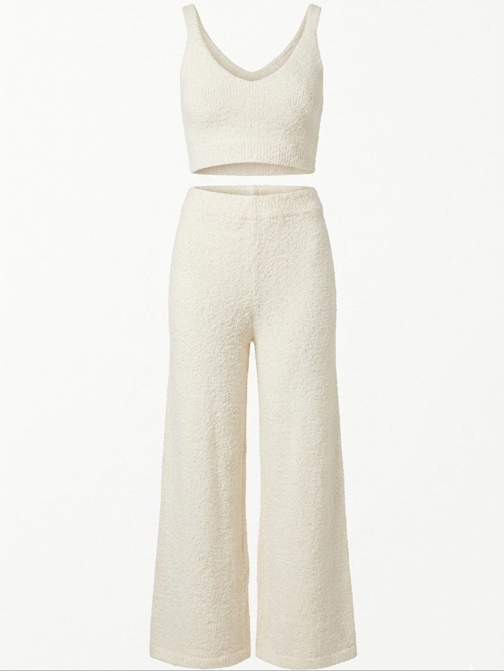 Liv & Lottie 2 Piece Lounge Set Fuzzy Knitted Wide-Leg Pants & Crop Tank Cream L